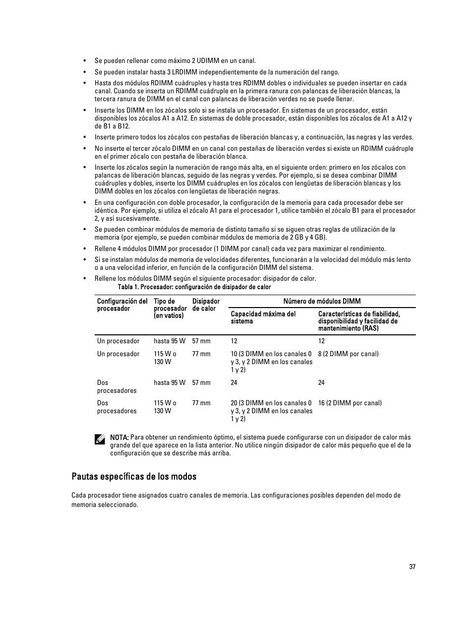 Pautas específicas de los modos | Dell PowerEdge VRTX User Manual | Page 37 / 173