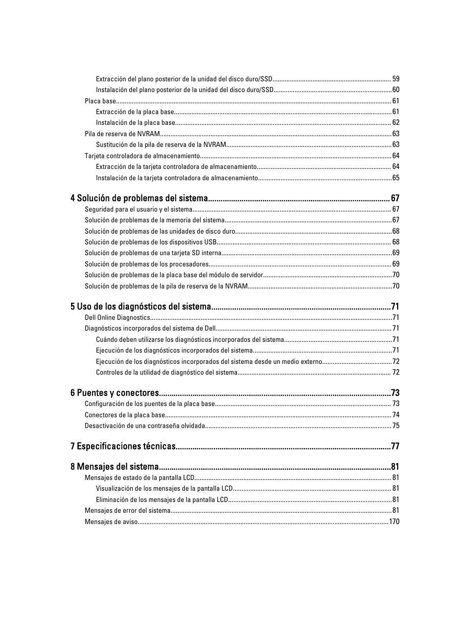 4 solución de problemas del sistema, 5 uso de los diagnósticos del sistema, 6 puentes y conectores | 7 especificaciones técnicas 8 mensajes del sistema | Dell PowerEdge VRTX User Manual | Page 5 / 173