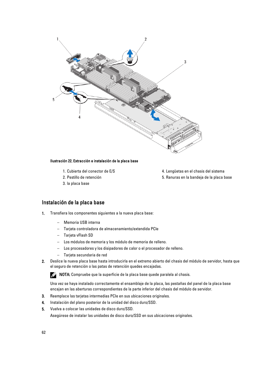Instalación de la placa base | Dell PowerEdge VRTX User Manual | Page 62 / 173