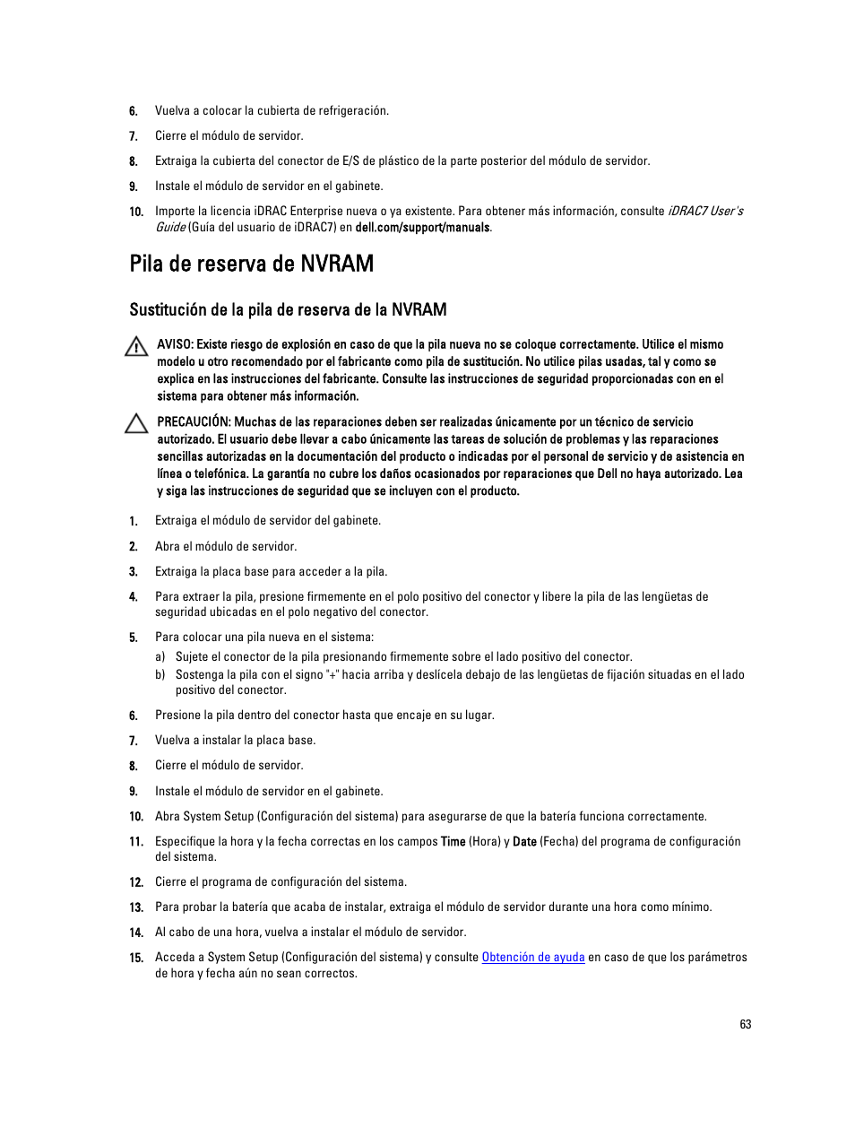 Pila de reserva de nvram, Sustitución de la pila de reserva de la nvram | Dell PowerEdge VRTX User Manual | Page 63 / 173