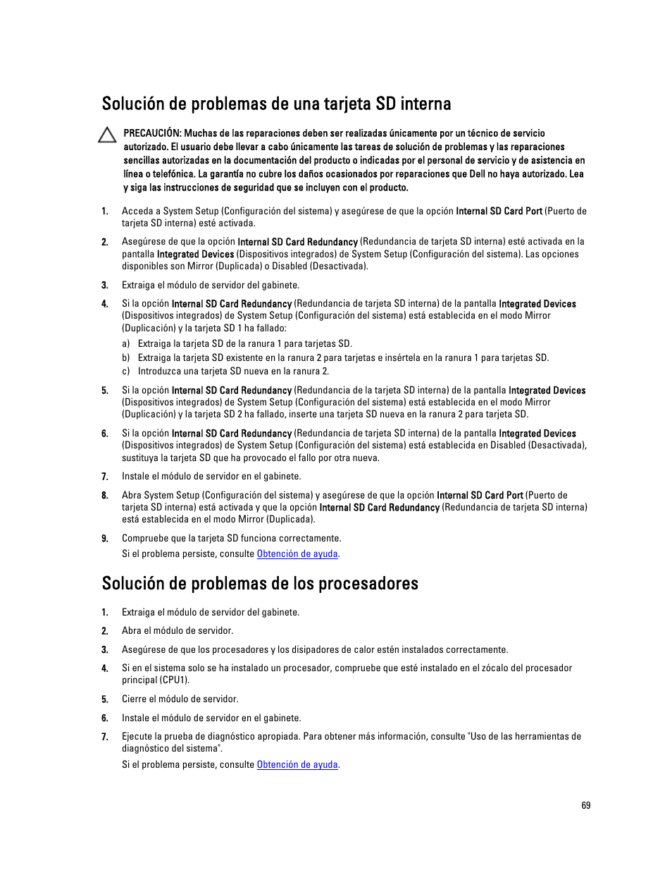 Solución de problemas de una tarjeta sd interna, Solución de problemas de los procesadores | Dell PowerEdge VRTX User Manual | Page 69 / 173