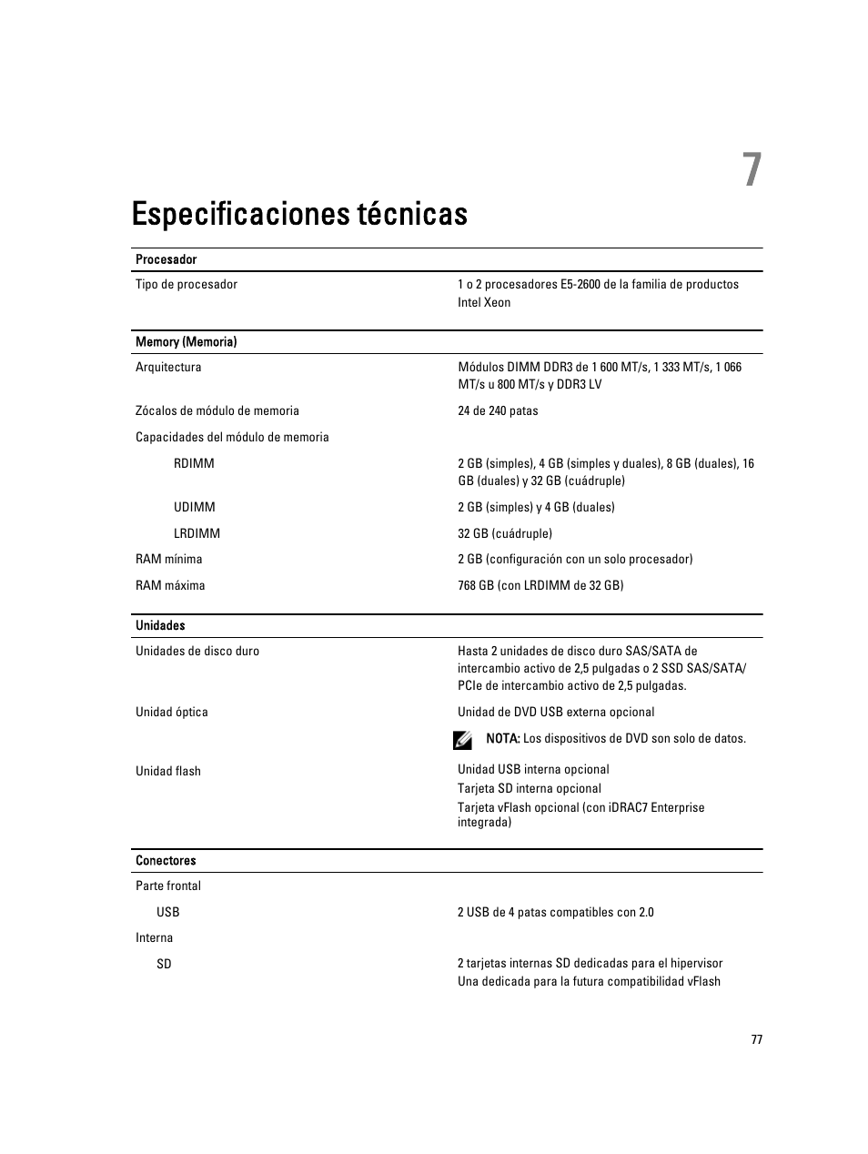 Especificaciones técnicas, 7 especificaciones técnicas | Dell PowerEdge VRTX User Manual | Page 77 / 173