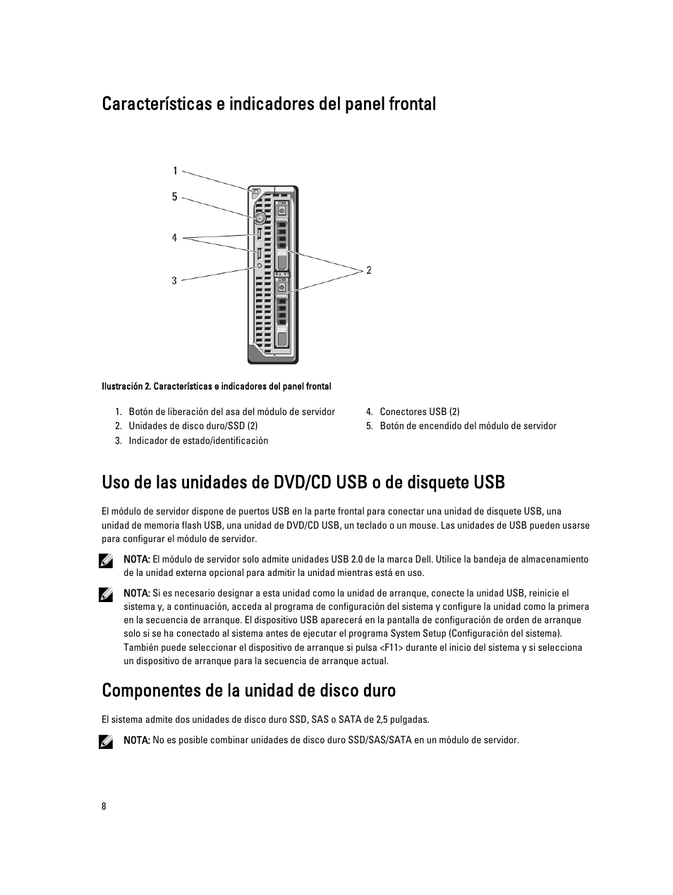 Características e indicadores del panel frontal, Componentes de la unidad de disco duro | Dell PowerEdge VRTX User Manual | Page 8 / 173