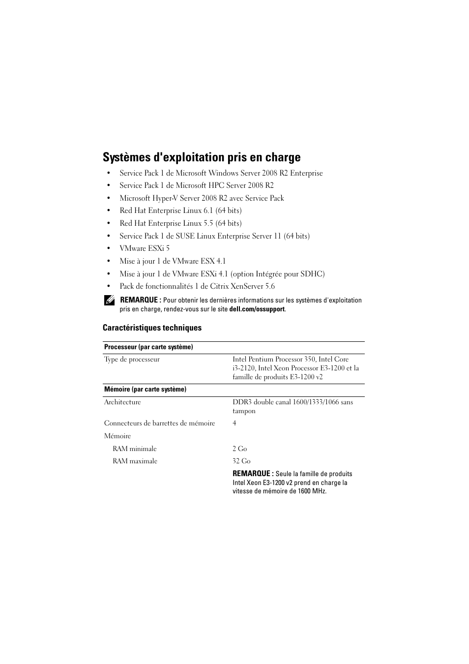 Systèmes d'exploitation pris en charge, Caractéristiques techniques | Dell PowerEdge C5220 User Manual | Page 11 / 32