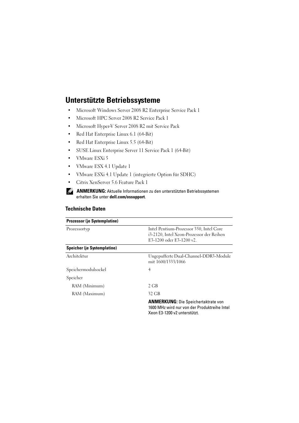 Unterstützte betriebssysteme, Technische daten | Dell PowerEdge C5220 User Manual | Page 15 / 32