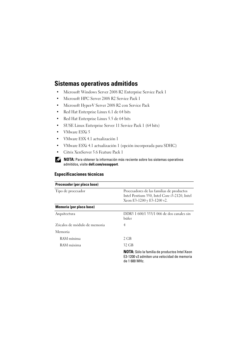 Sistemas operativos admitidos, Especificaciones técnicas | Dell PowerEdge C5220 User Manual | Page 27 / 32