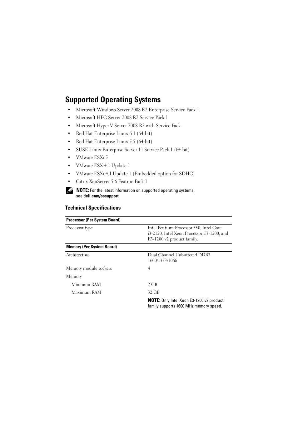 Supported operating systems, Technical specifications | Dell PowerEdge C5220 User Manual | Page 3 / 32