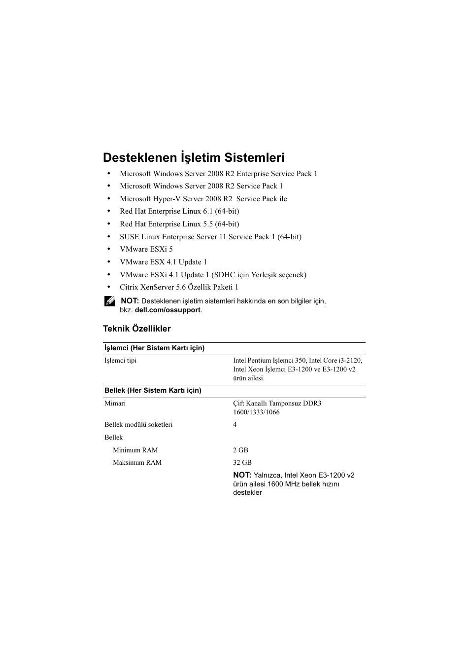 Desteklenen işletim sistemleri, Teknik özellikler | Dell PowerEdge C5220 User Manual | Page 31 / 32