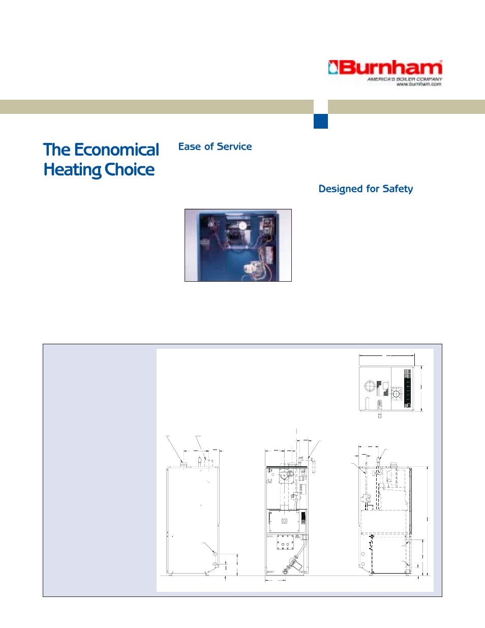 The economical heating choice, Ease of service, Designed for safety | Dimensions (all sizes) & standard equipment, Burnham's minuteman | Burnham Minuteman II User Manual | Page 3 / 6