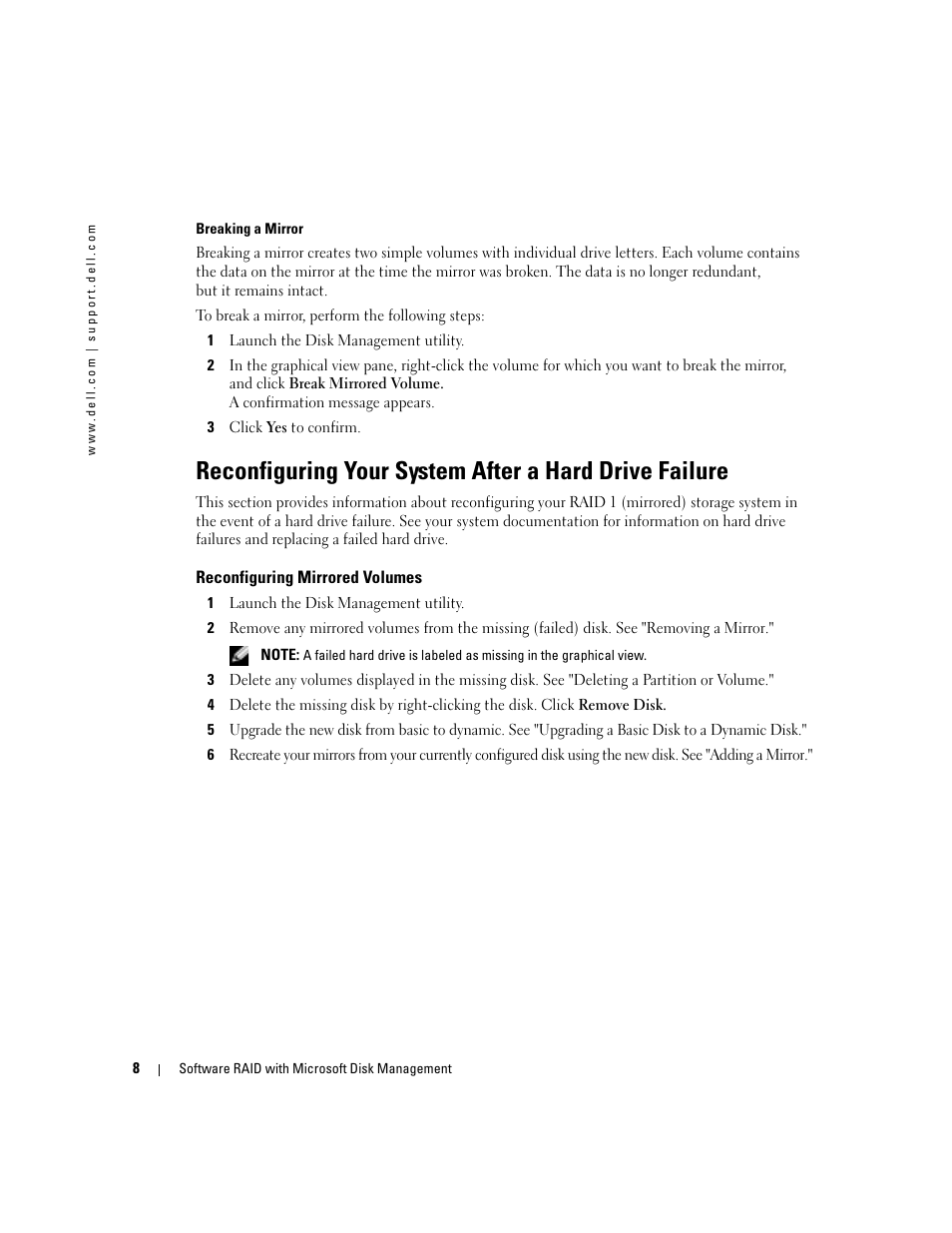 Reconfiguring mirrored volumes | Dell Software RAID with Microsoft Disk Management User Manual | Page 10 / 82