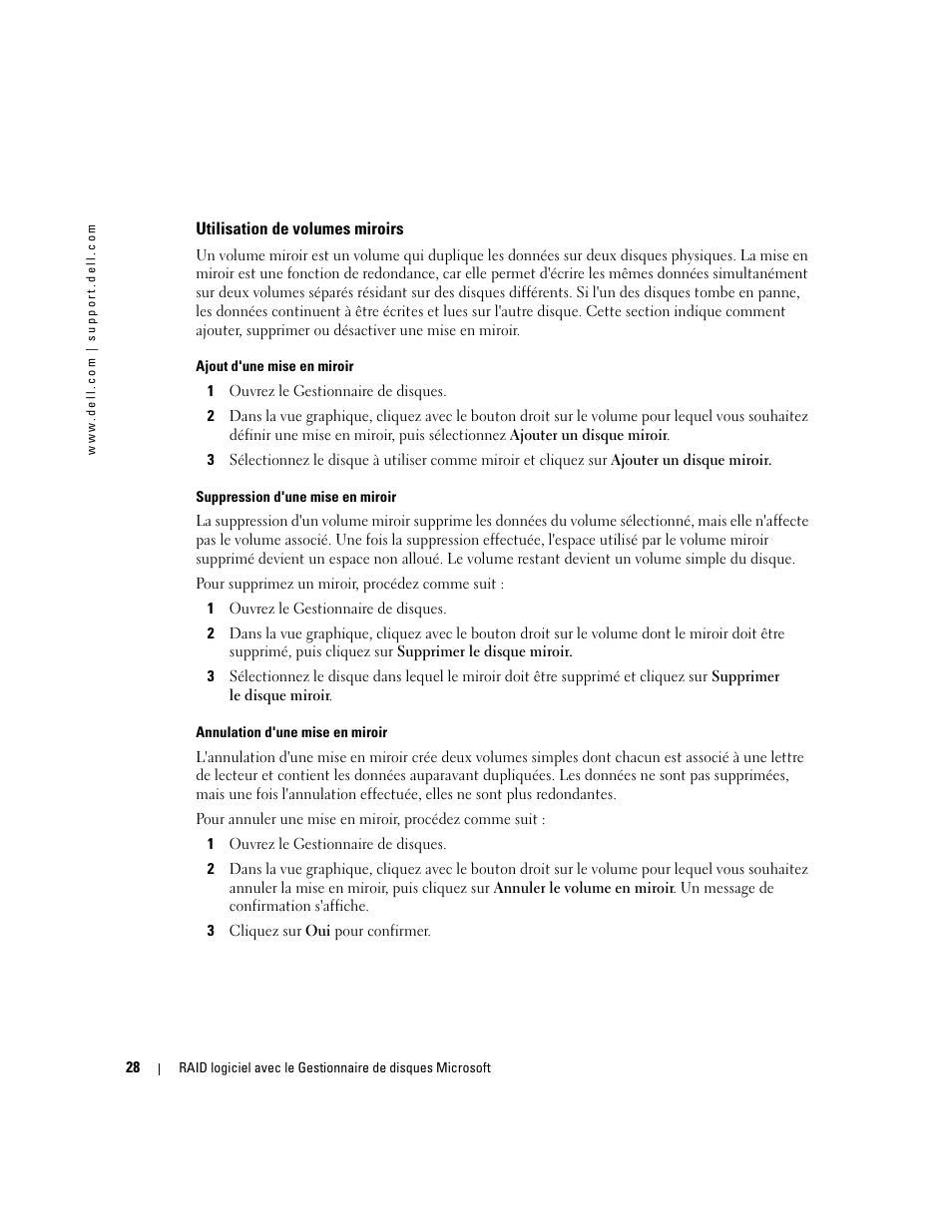 Utilisation de volumes miroirs | Dell Software RAID with Microsoft Disk Management User Manual | Page 30 / 82