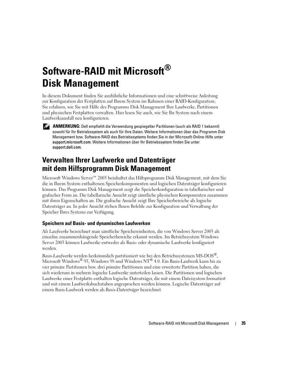 Software-raid mit microsoft® disk management, Speichern auf basis- und dynamischen laufwerken, Software-raid mit microsoft | Disk management | Dell Software RAID with Microsoft Disk Management User Manual | Page 37 / 82