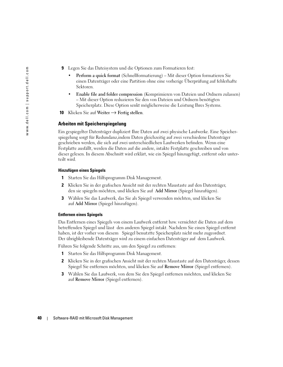 Arbeiten mit speicherspiegelung | Dell Software RAID with Microsoft Disk Management User Manual | Page 42 / 82