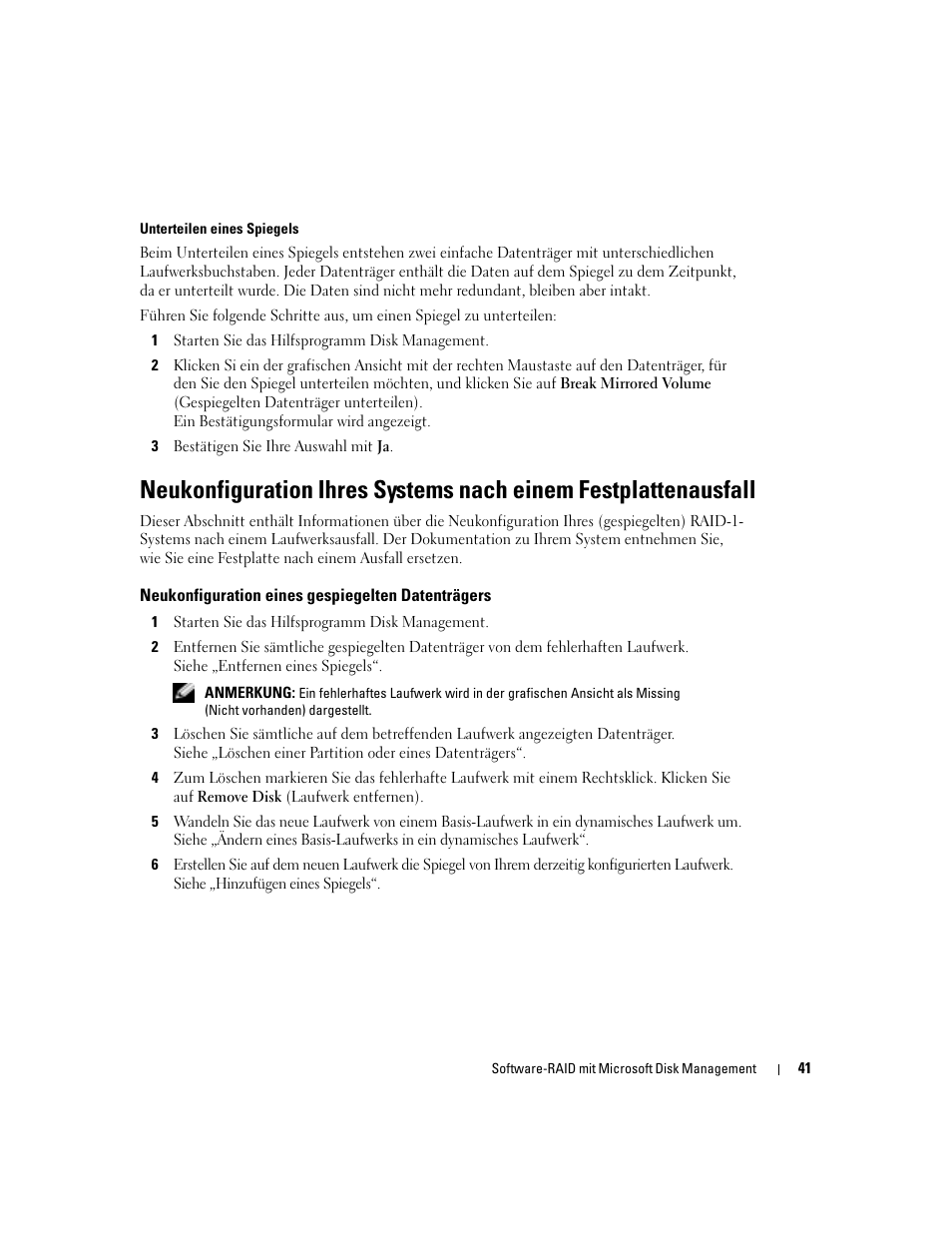 Neukonfiguration eines gespiegelten datenträgers | Dell Software RAID with Microsoft Disk Management User Manual | Page 43 / 82