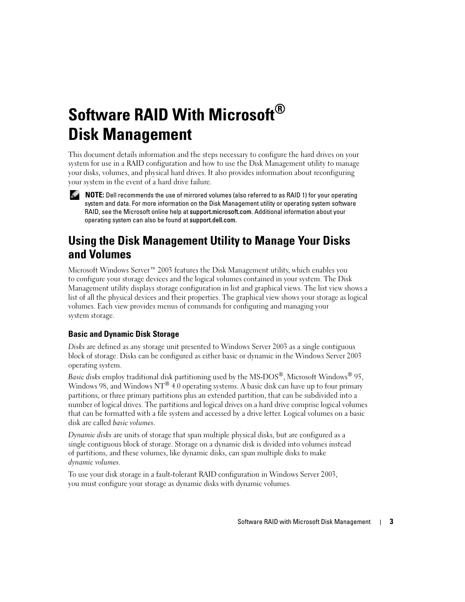 Software raid with microsoft® disk management, Basic and dynamic disk storage, Software raid with microsoft | Disk management | Dell Software RAID with Microsoft Disk Management User Manual | Page 5 / 82