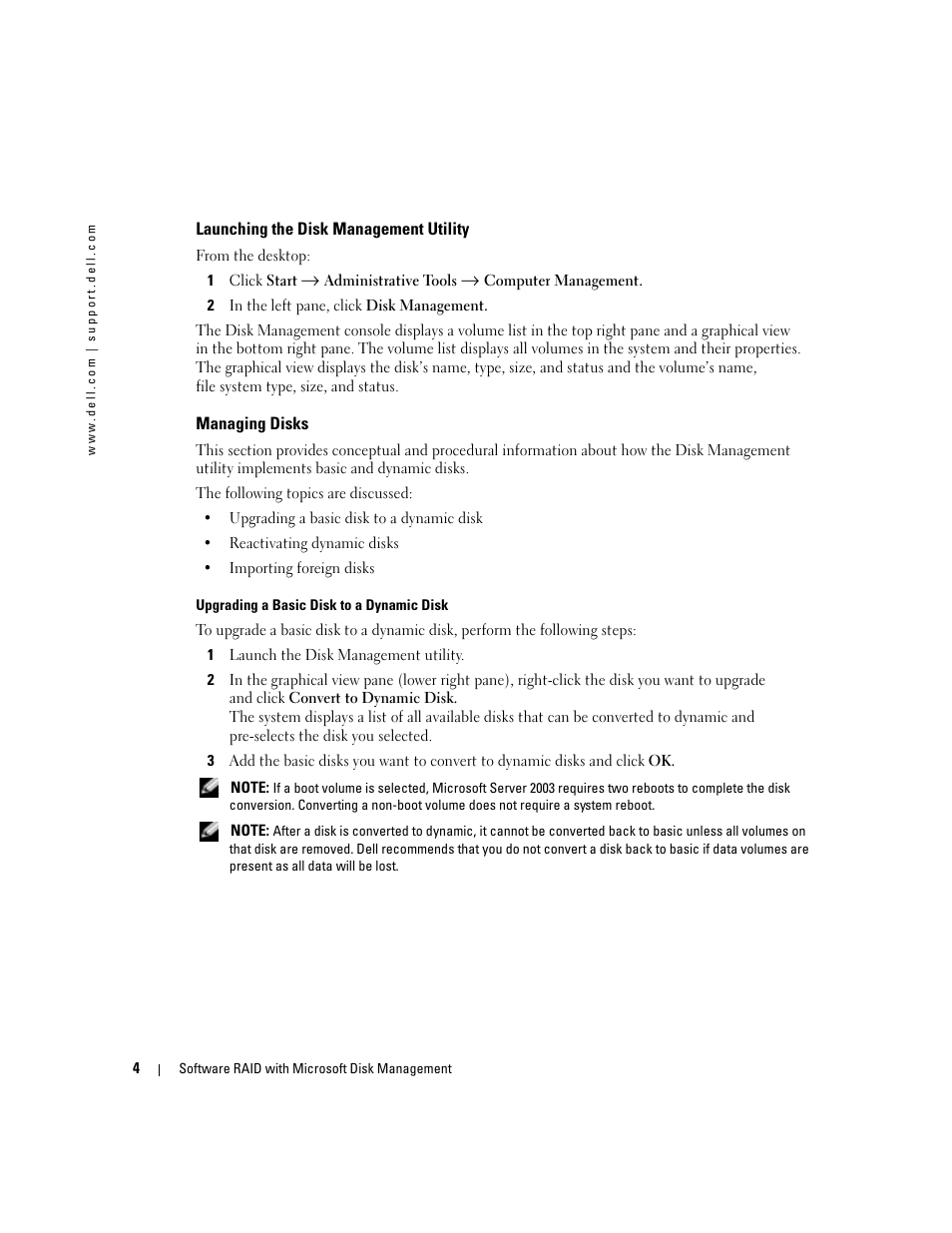 Launching the disk management utility, Managing disks | Dell Software RAID with Microsoft Disk Management User Manual | Page 6 / 82