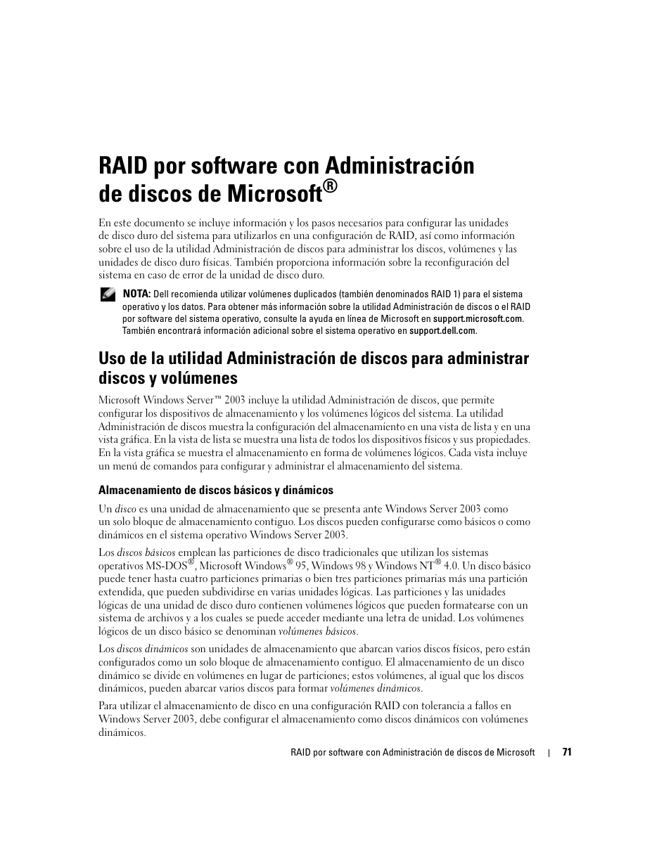 Almacenamiento de discos básicos y dinámicos | Dell Software RAID with Microsoft Disk Management User Manual | Page 73 / 82