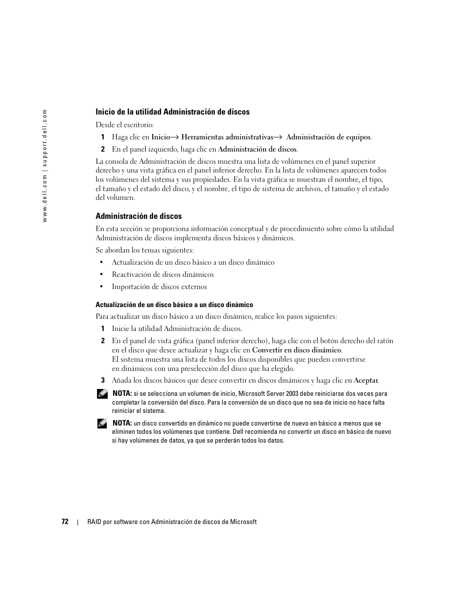 Inicio de la utilidad administración de discos, Administración de discos | Dell Software RAID with Microsoft Disk Management User Manual | Page 74 / 82
