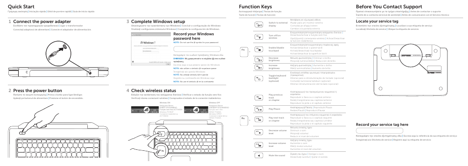 Before you contact support, Quick start, Function keys | Connect the power adapter, 1press the power button, Complete windows setup, 3check wireless status, Record your windows password here, Locate your service tag, Record your service tag here | Dell Inspiron 15 (N5050, Late 2011) User Manual | Page 2 / 2