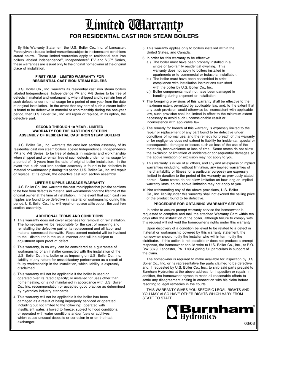 Limited warranty, For residential cast iron steam boilers | Burnham V8 Series User Manual | Page 100 / 100