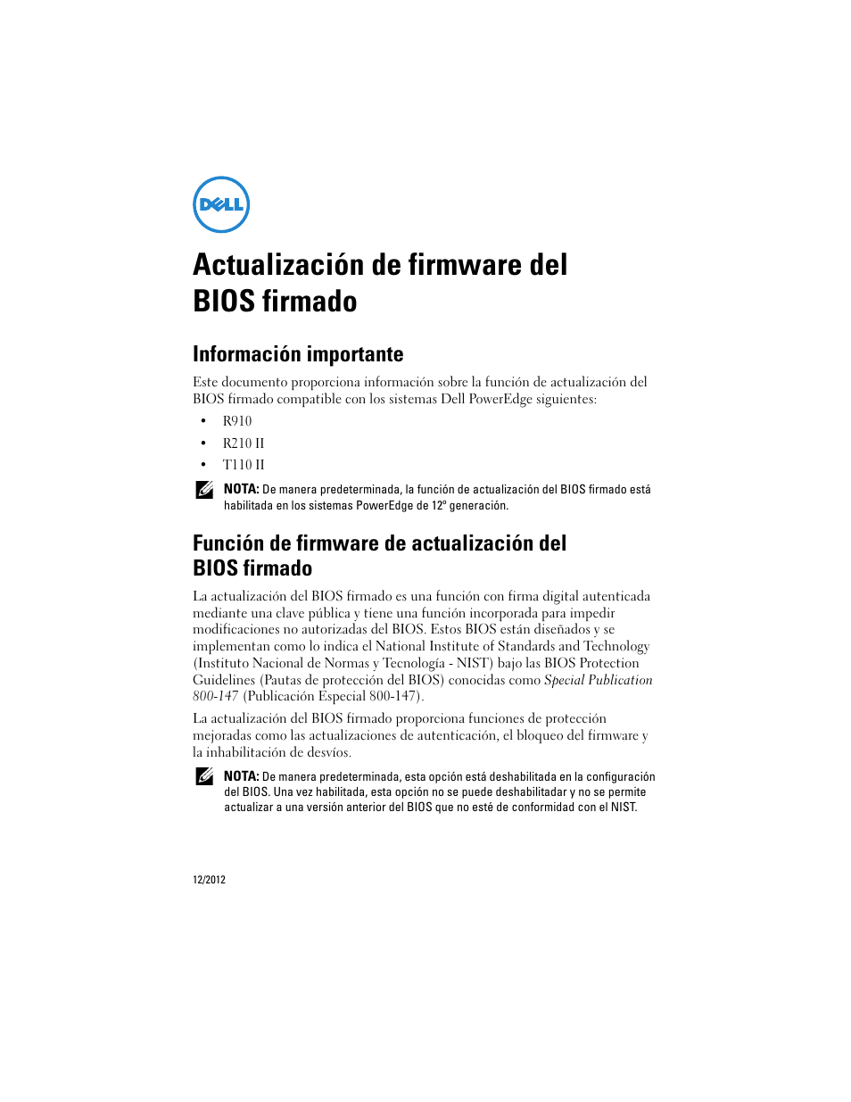 Actualización de firmware del bios firmado, Información importante | Dell PowerEdge R210 II User Manual | Page 25 / 32