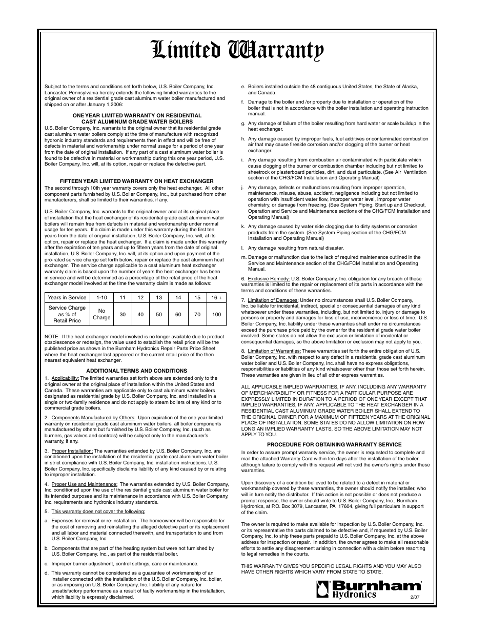 Limited warranty, For residential grade cast aluminum water boilers | Burnham FREEDOM 101008-01R1-2/07 User Manual | Page 80 / 80