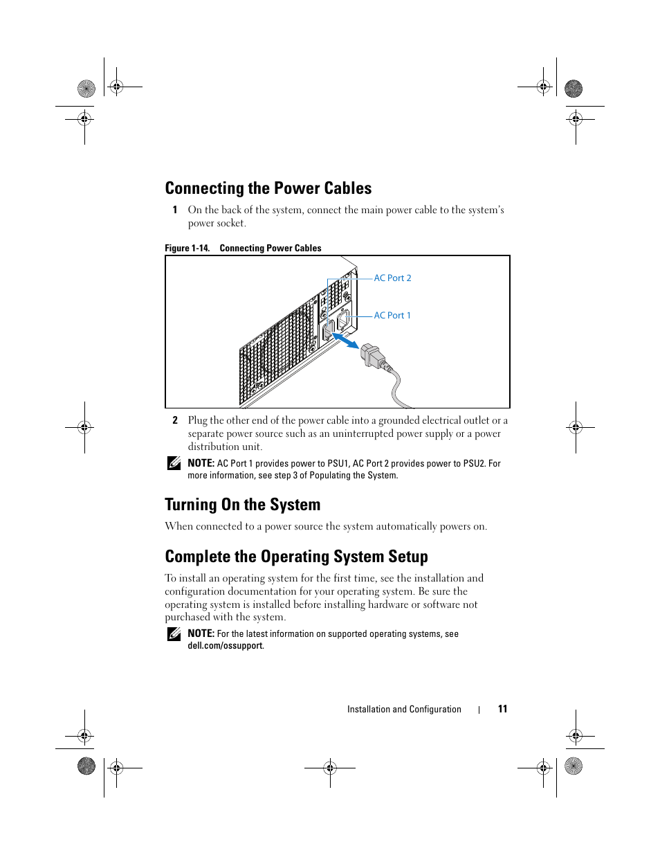 Connecting the power cables, Turning on the system, Complete the operating system setup | Dell PowerEdge C5230 User Manual | Page 13 / 72