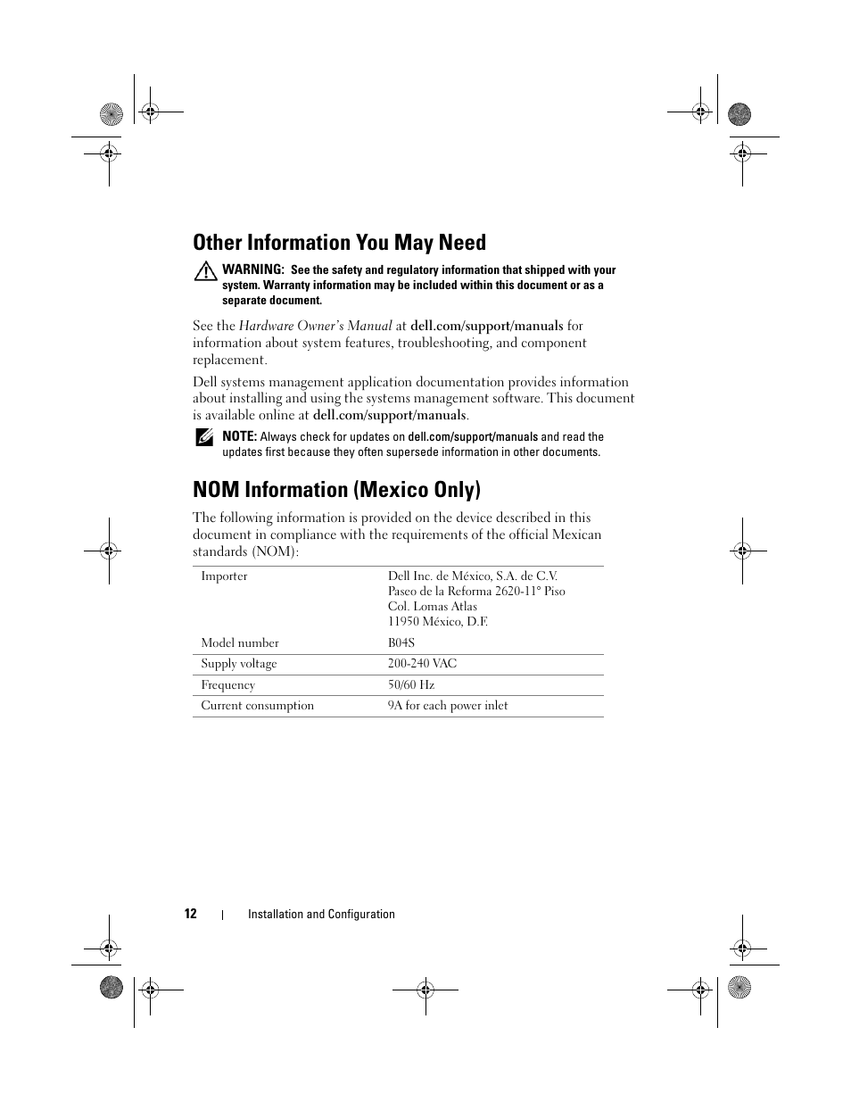 Other information you may need, Nom information (mexico only) | Dell PowerEdge C5230 User Manual | Page 14 / 72