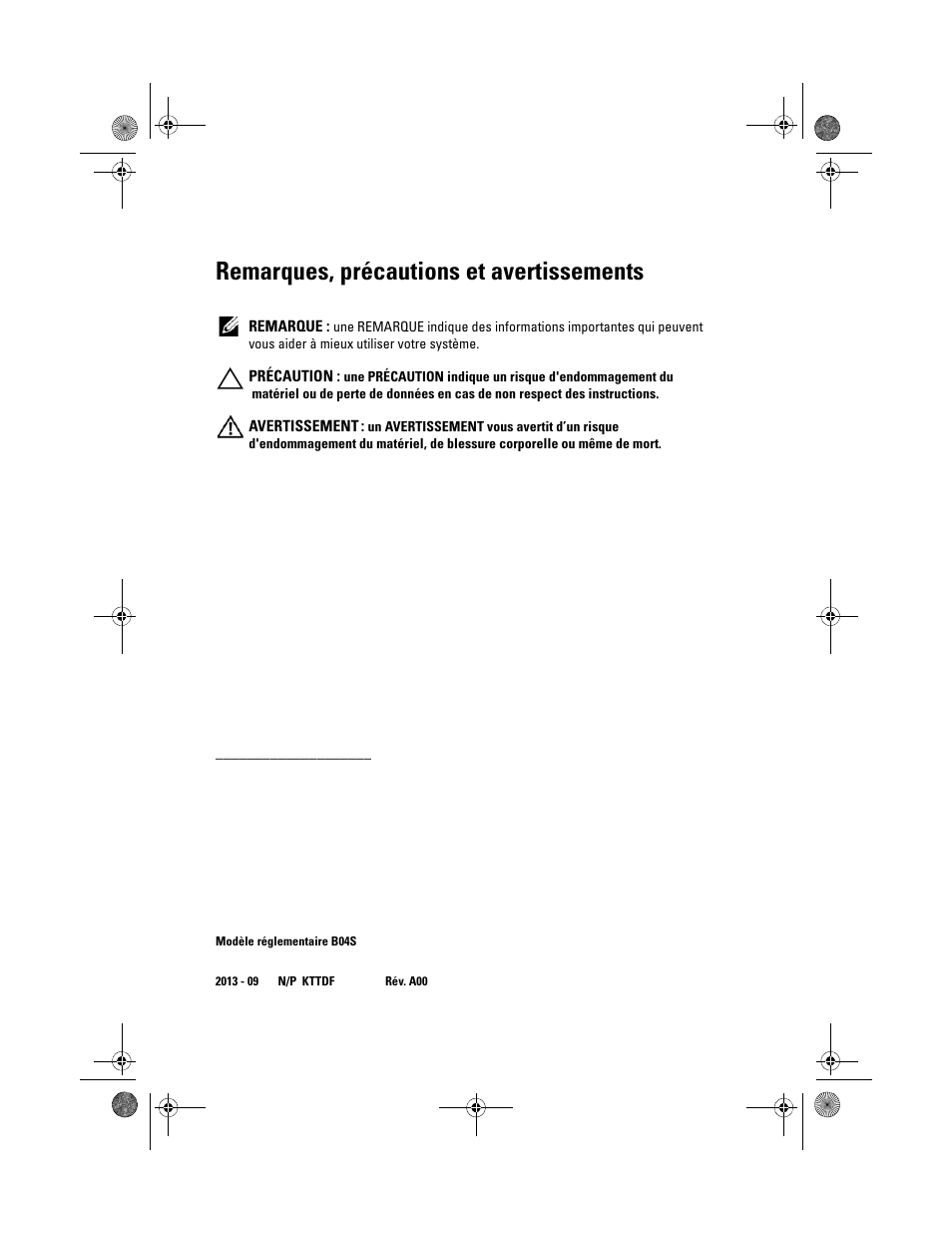 Remarques, précautions et avertissements | Dell PowerEdge C5230 User Manual | Page 20 / 72