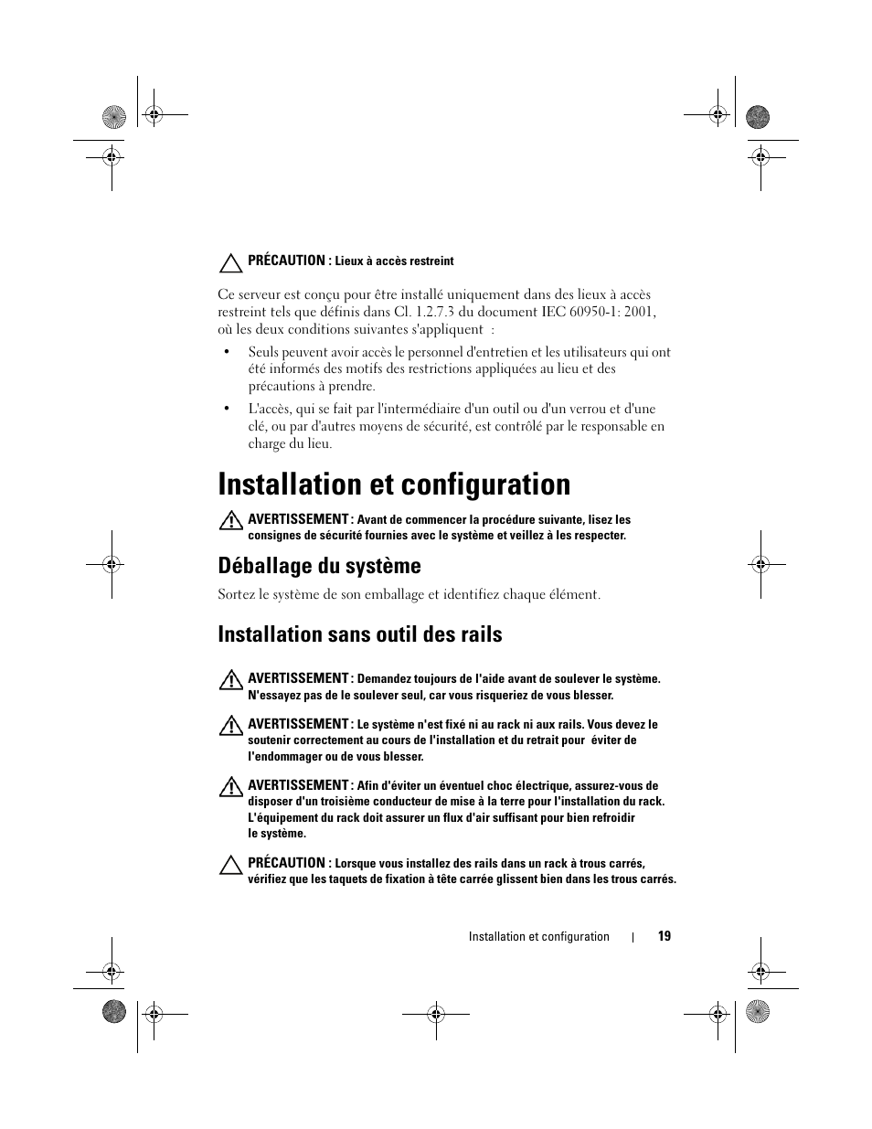 Installation et configuration, Déballage du système, Installation sans outil des rails | Dell PowerEdge C5230 User Manual | Page 21 / 72