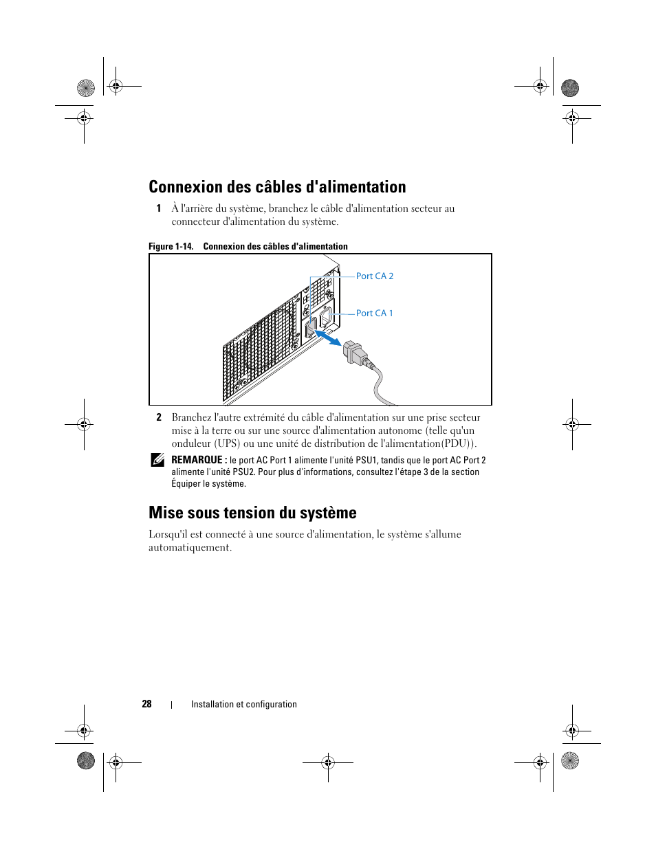 Connexion des câbles d'alimentation, Mise sous tension du système | Dell PowerEdge C5230 User Manual | Page 30 / 72