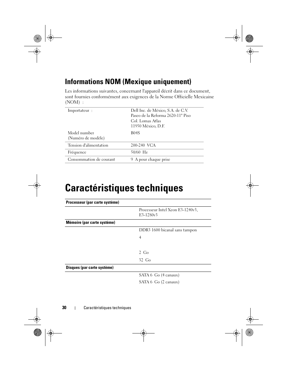 Informations nom (mexique uniquement), Caractéristiques techniques | Dell PowerEdge C5230 User Manual | Page 32 / 72