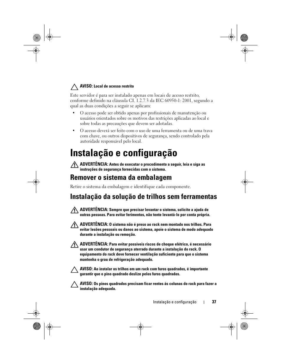 Instalação e configuração, Remover o sistema da embalagem, Instalação da solução de trilhos sem ferramentas | Dell PowerEdge C5230 User Manual | Page 39 / 72