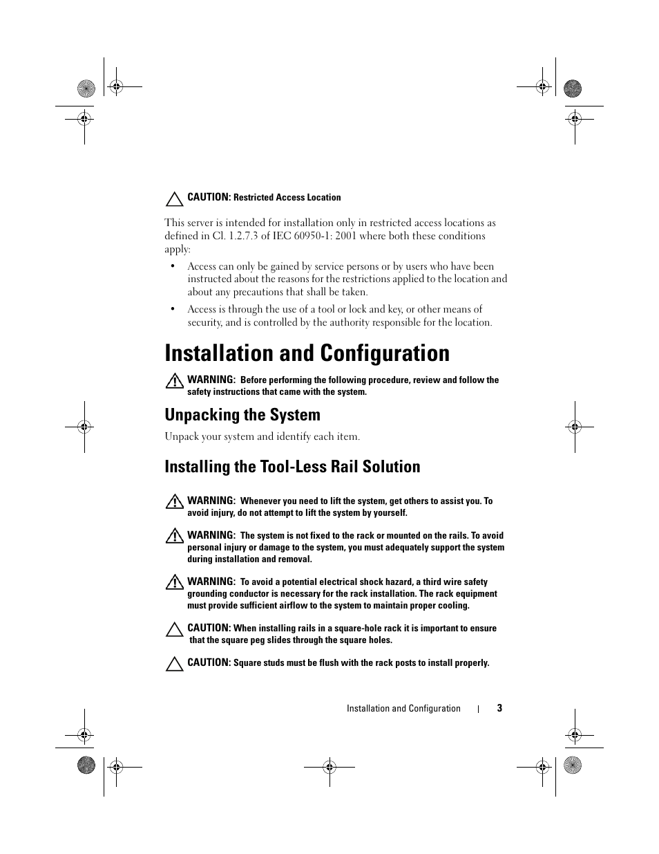 Installation and configuration, Unpacking the system, Installing the tool-less rail solution | Dell PowerEdge C5230 User Manual | Page 5 / 72