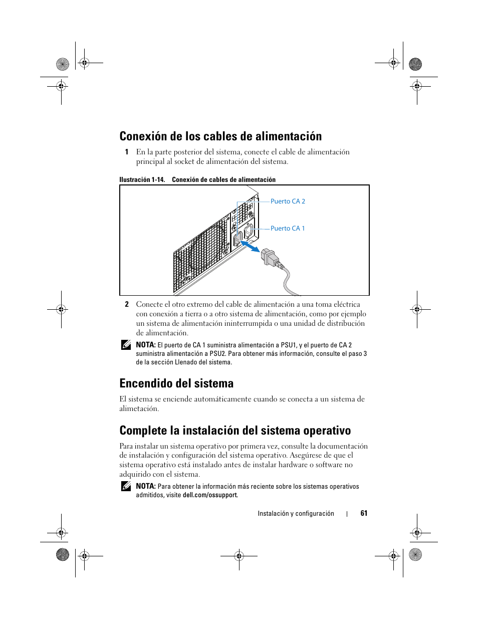 Conexión de los cables de alimentación, Encendido del sistema, Complete la instalación del sistema operativo | Dell PowerEdge C5230 User Manual | Page 63 / 72