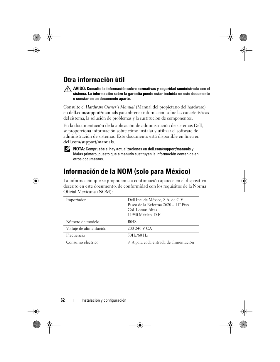 Otra información útil, Información de la nom (solo para méxico) | Dell PowerEdge C5230 User Manual | Page 64 / 72