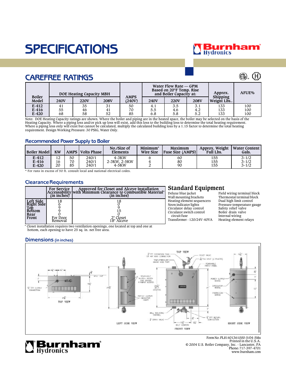 Specifications, Carefree ratings, Dimensions | Standard equipment | Burnham Carefree DOE User Manual | Page 2 / 3