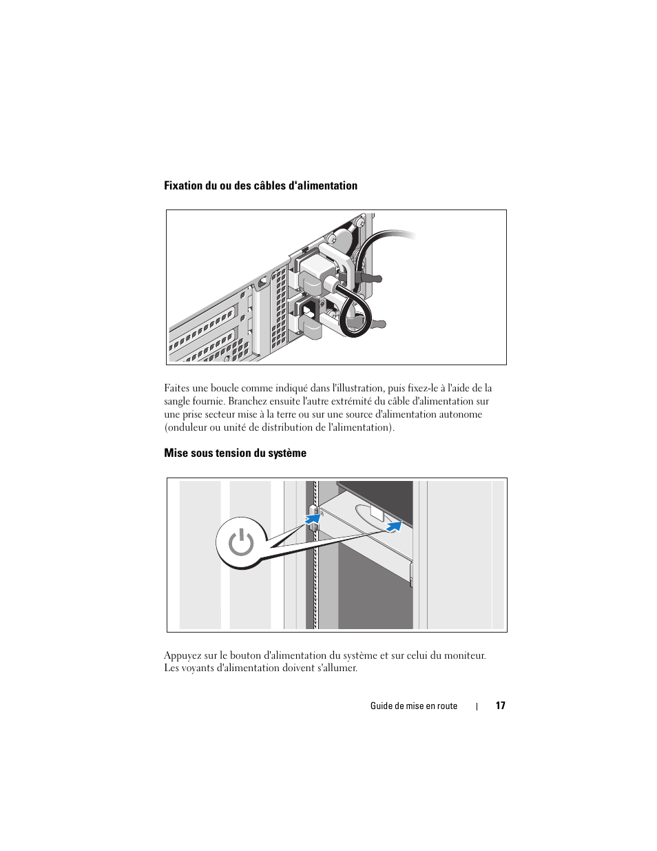 Fixation du ou des câbles d'alimentation, Mise sous tension du système | Dell PowerEdge R815 User Manual | Page 19 / 50