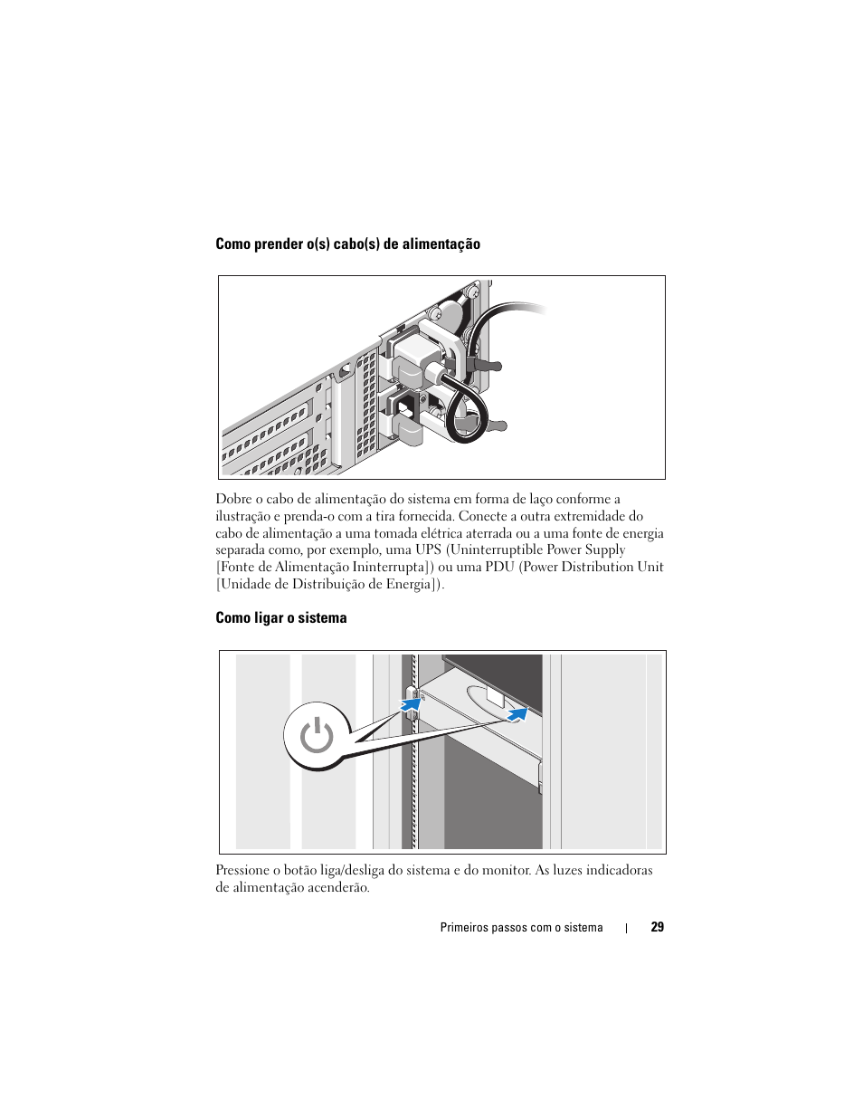 Como prender o(s) cabo(s) de alimentação, Como ligar o sistema | Dell PowerEdge R815 User Manual | Page 31 / 50