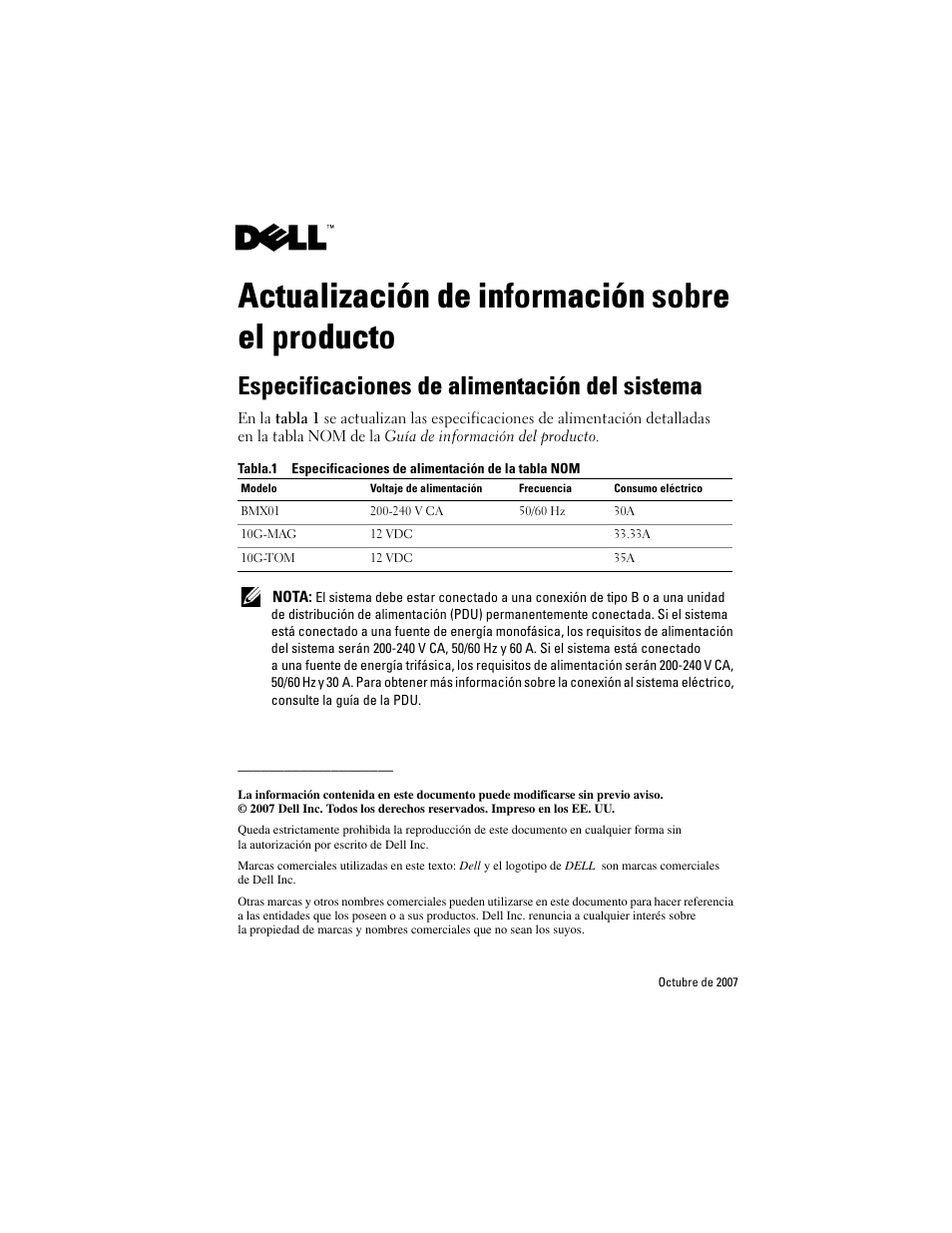 Actualización de información sobre el producto, Especificaciones de alimentación del sistema | Dell PowerEdge M710 User Manual | Page 2 / 2