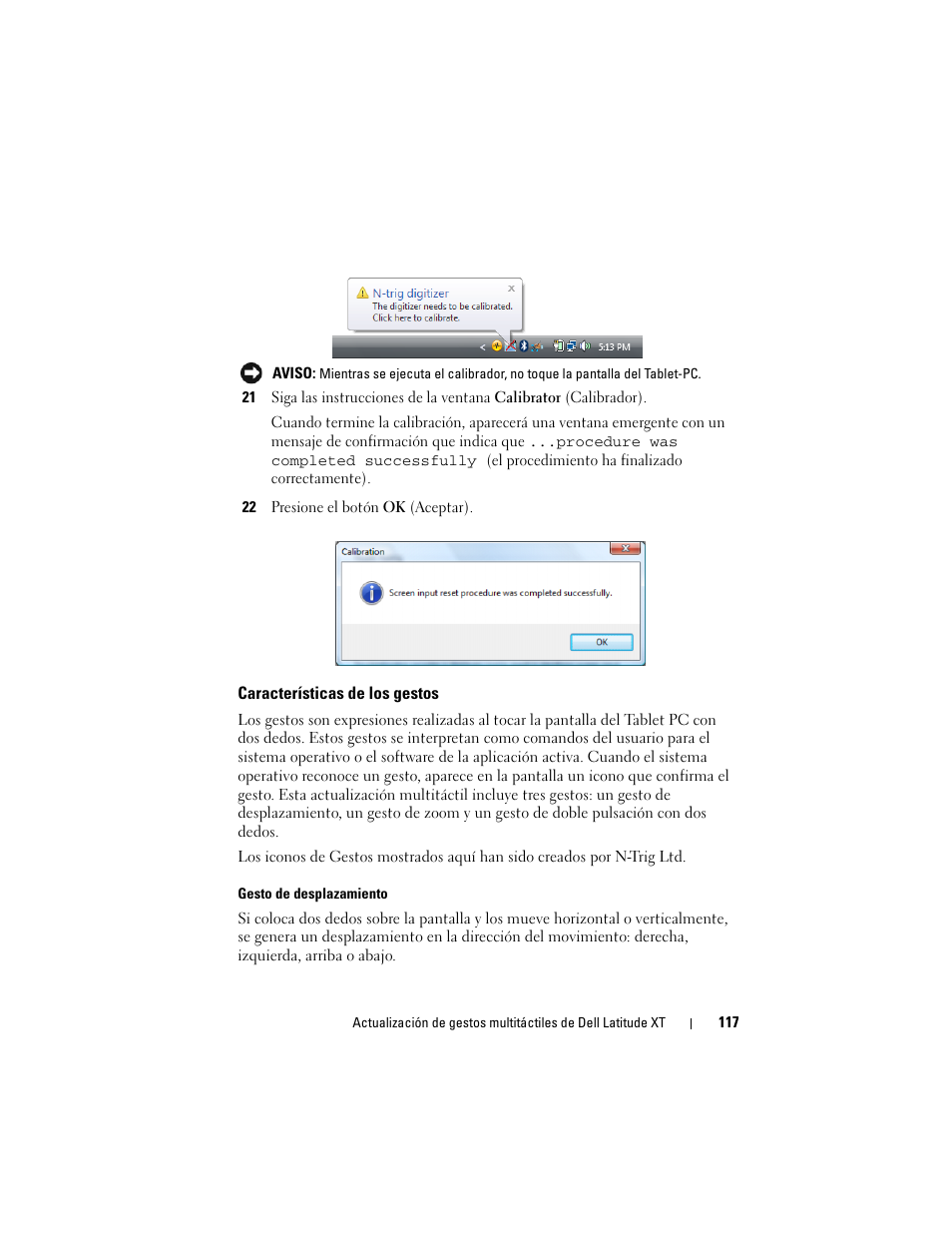 Características de los gestos | Dell Latitude XT (Late 2007) User Manual | Page 119 / 148