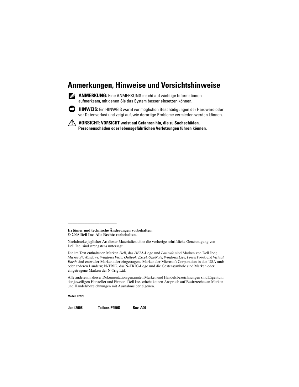 Anmerkungen, hinweise und vorsichtshinweise | Dell Latitude XT (Late 2007) User Manual | Page 64 / 148