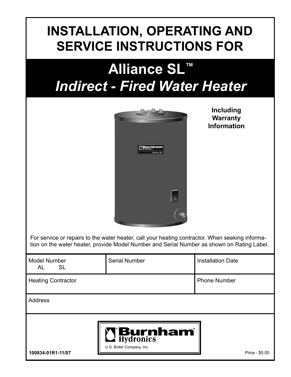Burnham Indirect - Fired Water Heater AL SL User Manual | 24 pages