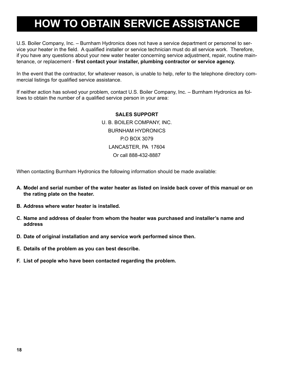 How to obtain service assistance | Burnham Indirect - Fired Water Heater AL SL User Manual | Page 18 / 24