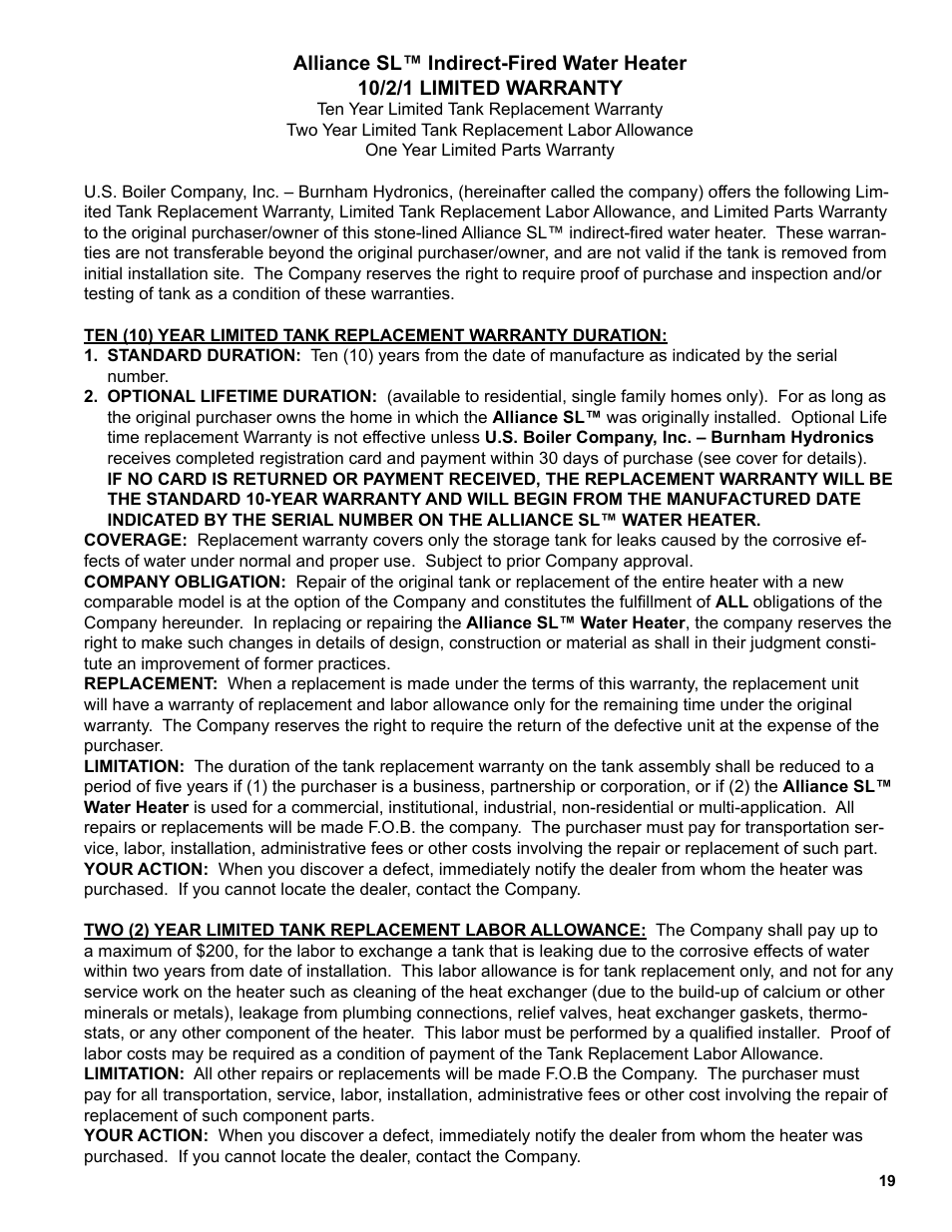 Burnham Indirect - Fired Water Heater AL SL User Manual | Page 19 / 24