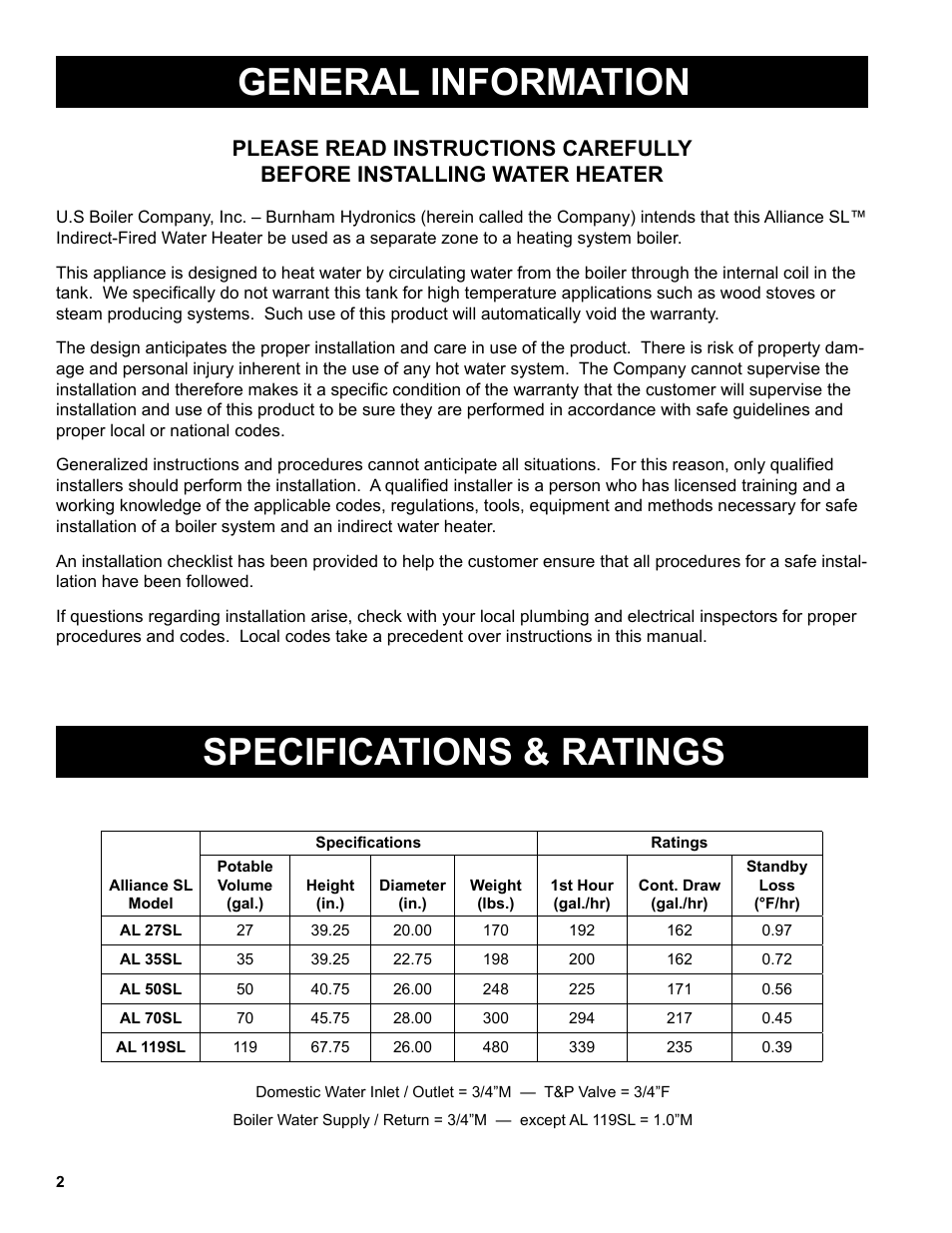 General information specifications & ratings | Burnham Indirect - Fired Water Heater AL SL User Manual | Page 2 / 24
