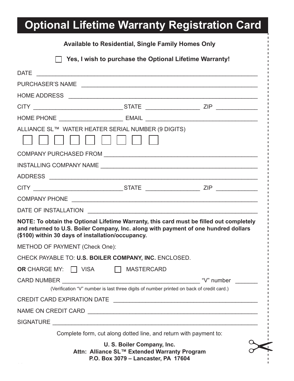 Optional lifetime warranty registration card | Burnham Indirect - Fired Water Heater AL SL User Manual | Page 24 / 24