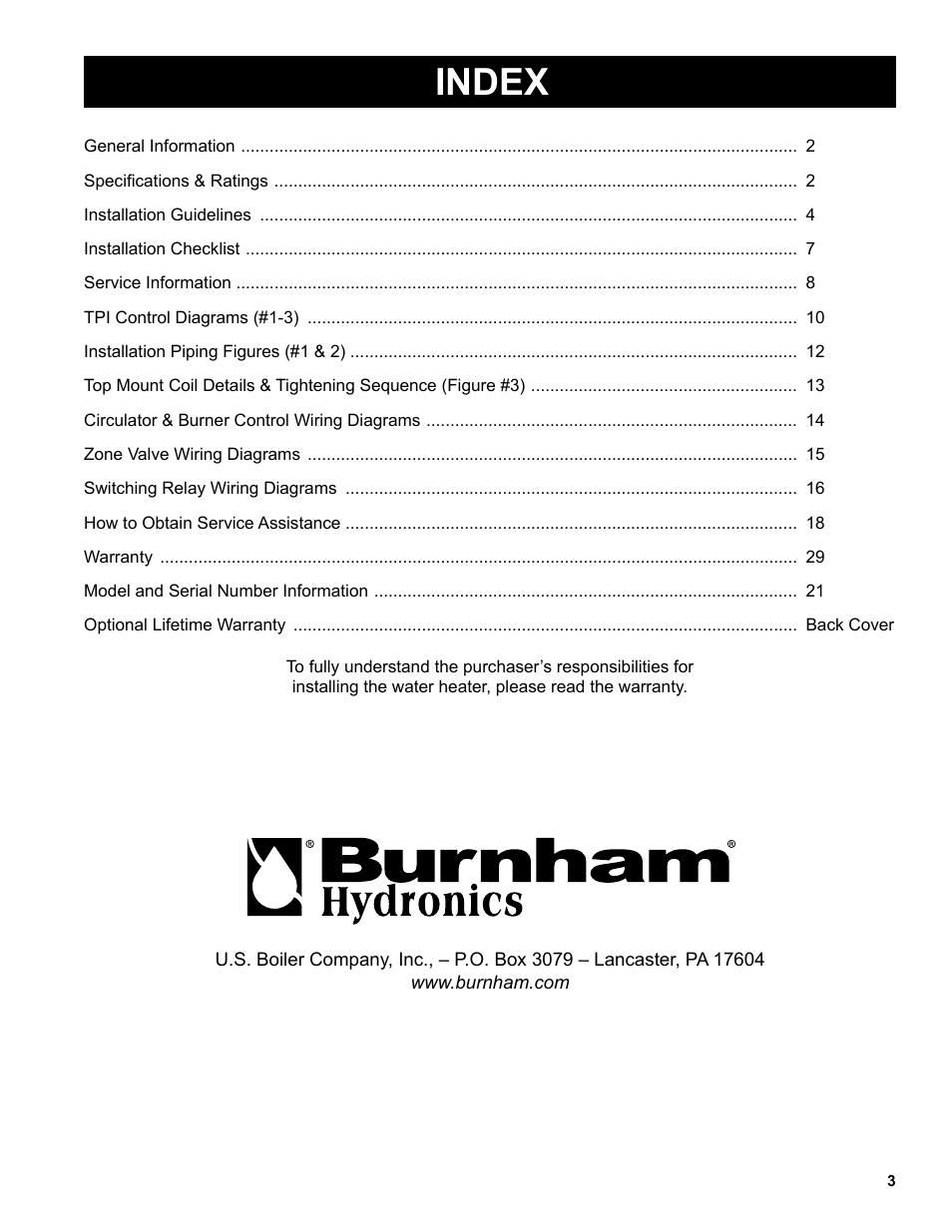 Index | Burnham Indirect - Fired Water Heater AL SL User Manual | Page 3 / 24