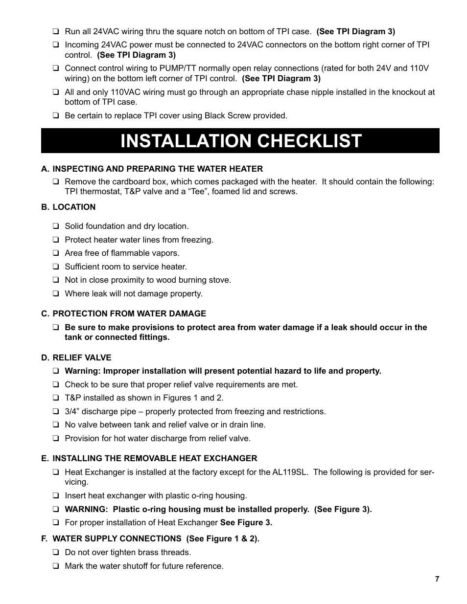 Installation checklist | Burnham Indirect - Fired Water Heater AL SL User Manual | Page 7 / 24