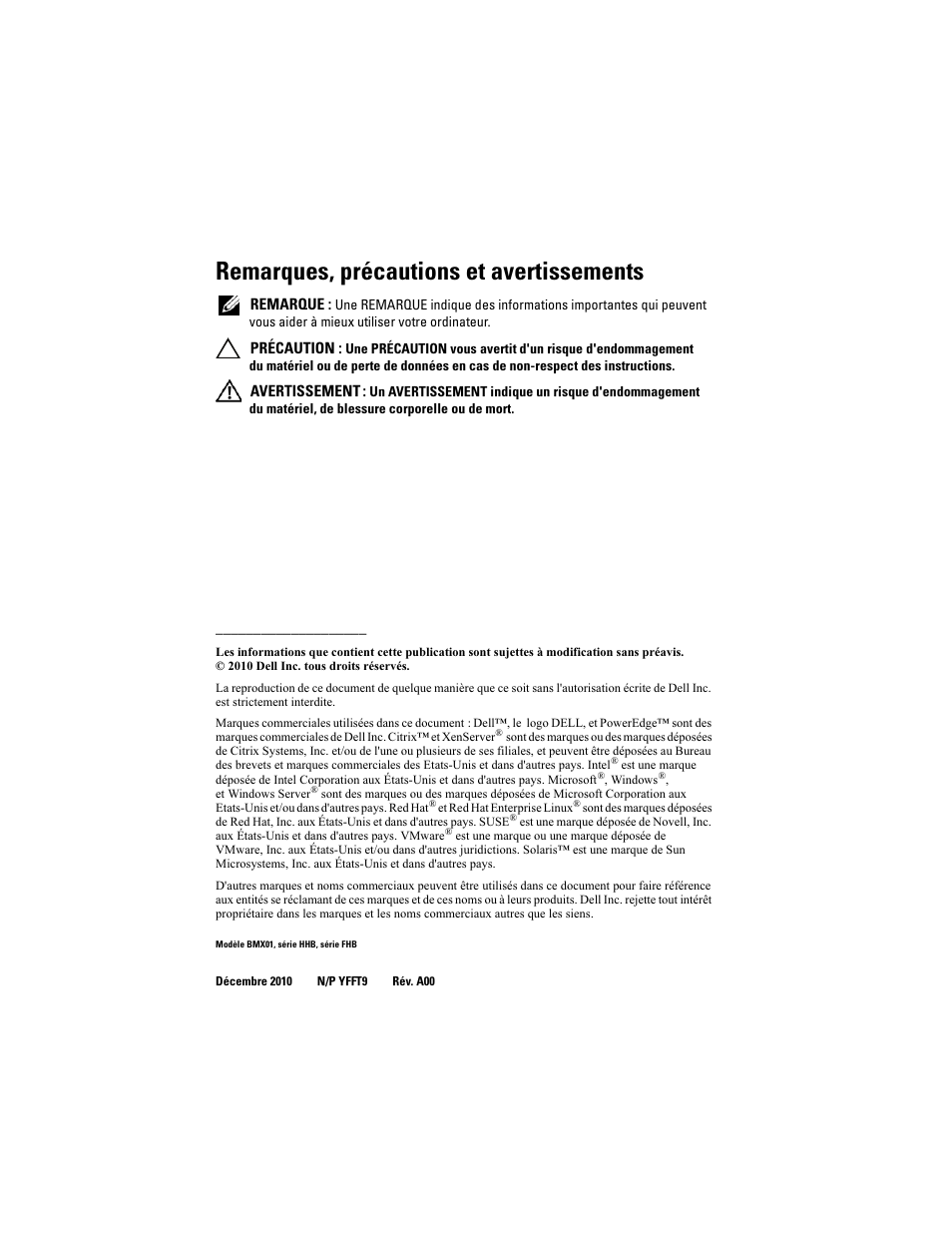 Remarques, précautions et avertissements | Dell PowerEdge M610x User Manual | Page 26 / 92